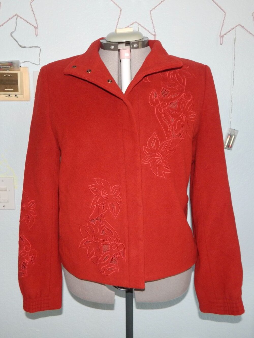 Carlisle Size 12 Red Wool Cashmere Coat Pockets Flowers Winter Vintage Boho